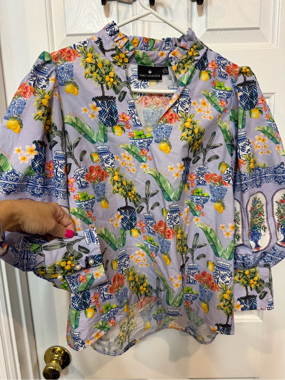 Emily LoveLock Lavender Floral Vase & Lemon Print V-Neck Blouse